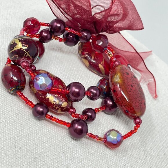 Red Stones Glass Lampwork Beads‎ Stretch Bracelet Set of 3 Valentines Gift Love - Picture 3 of 7